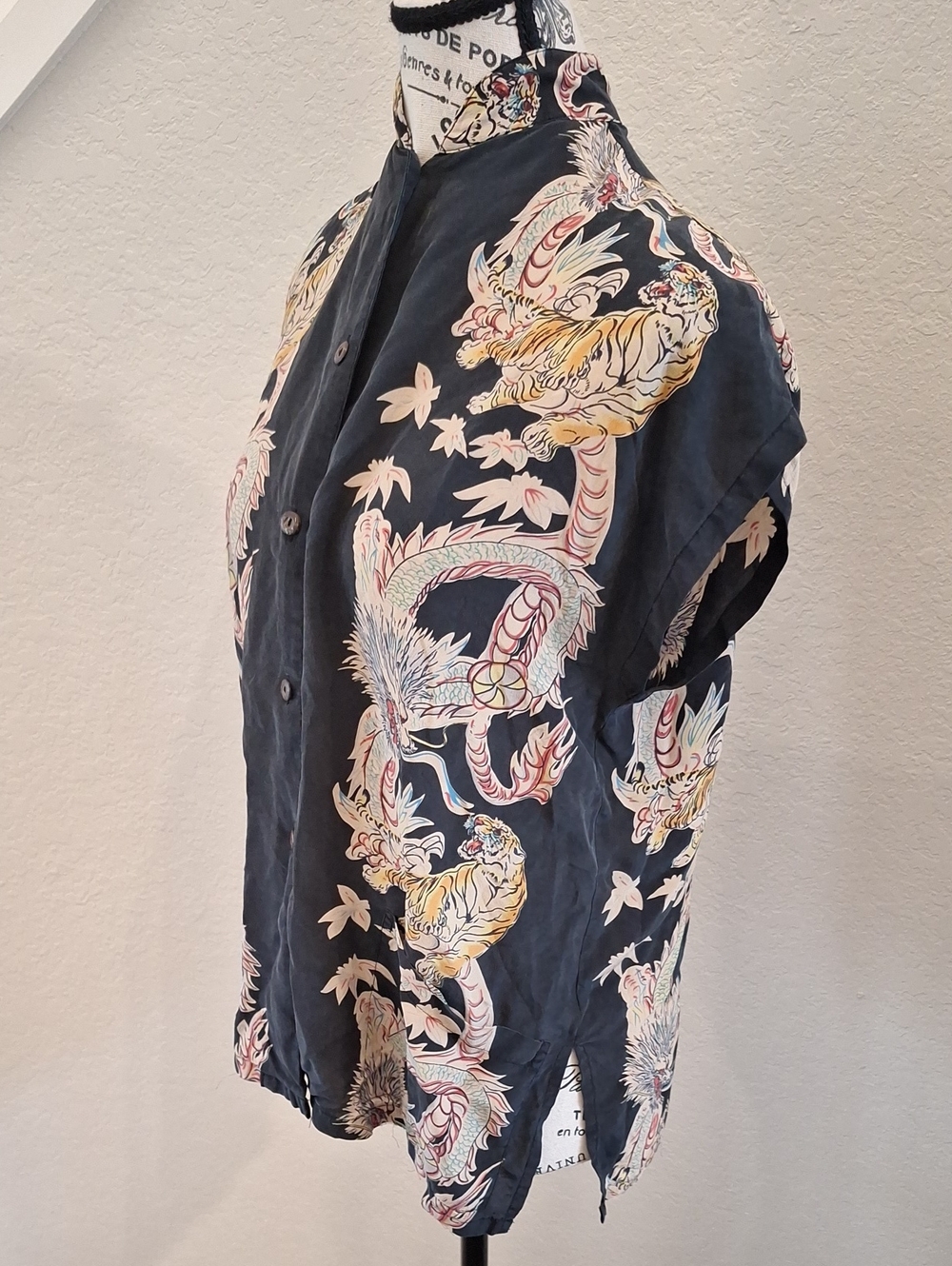 Avanti Dragon And Tiger Tea Timer 100% Silk Mandarin Collar Top Size Small Black - Picture 4 of 11